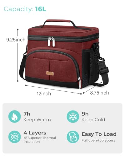Lunch Box for Men Women Insulated Lunch Tote Cooler Bag Lunchbox (Wine / Large)