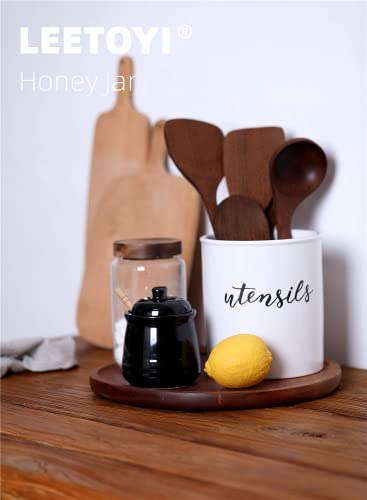 Ceramic Honey Jar with Lid and Dipper (Black)