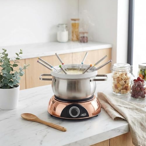 Electric Fondue Pot Set for Cheese (C. Stainless Steel/Ceramic Pots, Rose-gold Base)