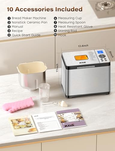 19-in-1 Programmable Bread Maker, 2.2LB Bread Machine with Healthy Ceramic Pan, Stainless Steel Bread Maker Machine with 15H Timer& 1H Keep Warm, Sourdough, Gluten Free, 3 Crust Colors, 53 Recipes (Solid Silver Stainless Steel)