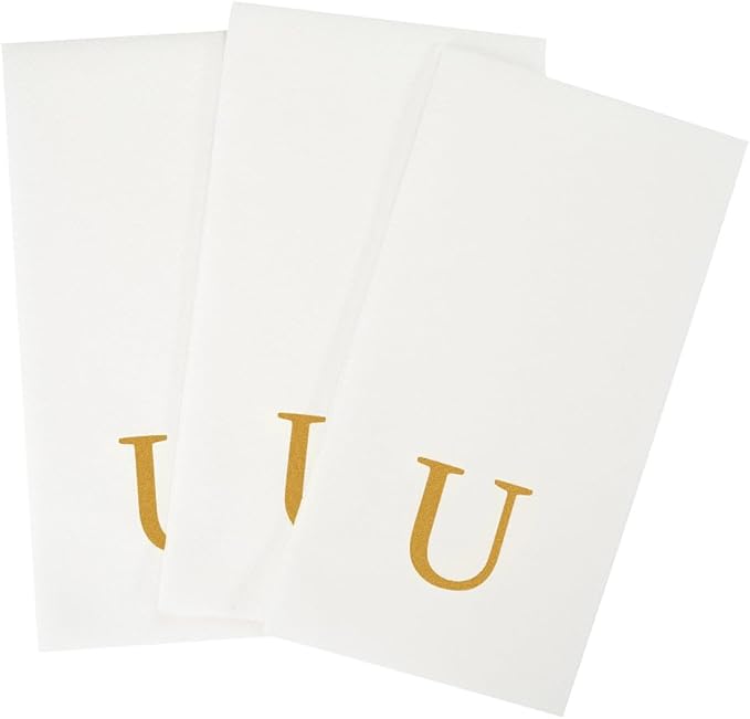 Luxenap 15.8 X 7.9 Inch Linen-Feel Guest Towels, 2000 Lettered Hand Towels - Gold Letter 'U', Sans Serif Font, White Paper Dinner Napkins, airlaid, For Restrooms And Tables