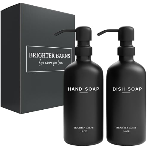 Black Glass Hand and Dish Soap Dispenser Set by Brighter Barns (Black Hd)