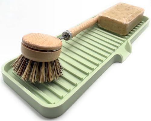 Silicone Soap Dish Tray and Sponge Holder with Drain Chute (Pistachio / (LG) 12"x4")