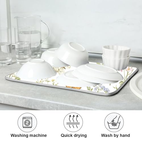 Herbs Flowers Botanical Butterfly Dish Drying Mat for Kitchen Counter Absorbent Microfiber Drying Pad (18" x 24")