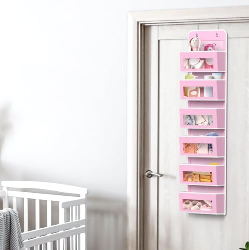 6 Clear Window Pocket Over Door Hanging Organizer (6 Pockets / Pink)