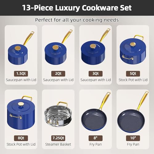 Lux LE 13Pc Ceramic Cookware Set with Elegant Gold Handle (Blueberry LE)