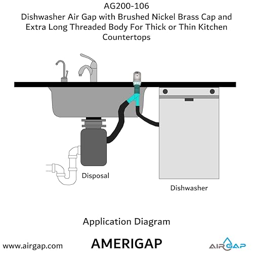 Dishwasher Air Gap with Skirted Brushed Nickel Brass Cap and Extra Long Threaded Body for Thick or Thin Kitchen Countertops (AG200-106)