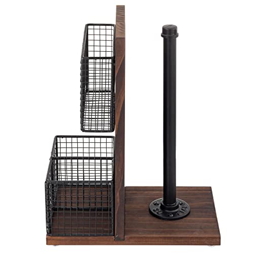 3-in-1 Kitchen Organizer with Paper Towel Holder, Napkin Holder & Spice Rack - Rustic Wood & Industrial Metal Pipe Caddy for Farmhouse Dining Table (Dark Brown Set)