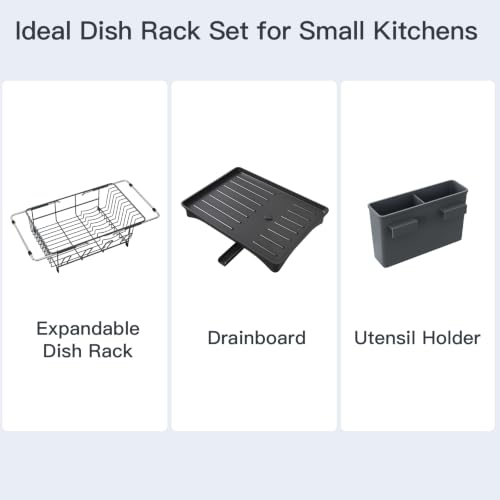 Grey Expandable Dish Drying Rack Over Sink with Extra Drainboard (Gray / For 11.5"-16" W Sink with Cup Holder & Drainboard)