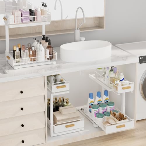2 Pack Under Sink Organizer with Ball Bearing Sliding Drawer (2 Pack Double Layer / White)