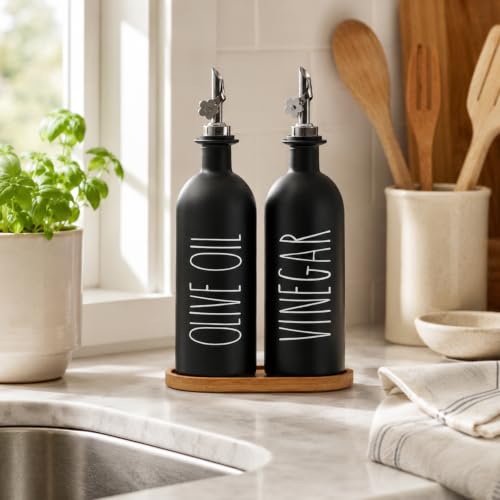 16oz Olive Oil Dispenser Bottles for Kitchen (Black+Tray / 16 fl oz)