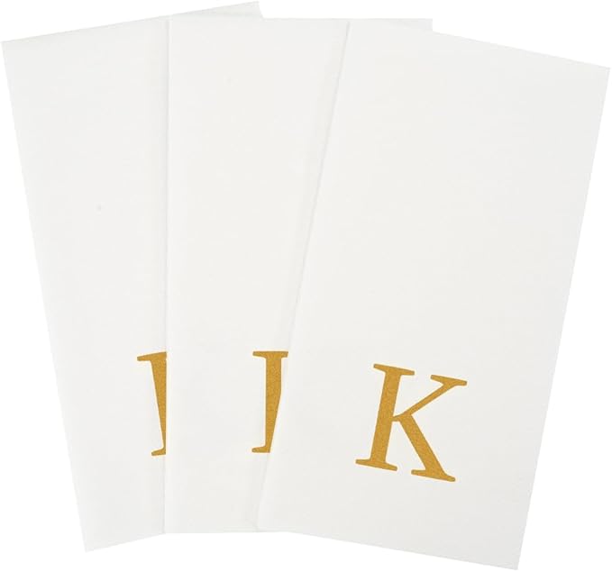 Luxenap 15.8 X 7.9 Inch Linen-Feel Guest Towels, 50 Lettered Hand Towels - Gold Letter 'K', Sans Serif Font, White Paper Dinner Napkins, airlaid, For Restrooms And Tables