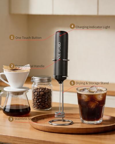 Rechargeable Milk Frother Handheld with Stand (Stand Black)