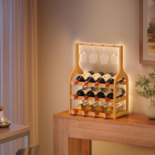 Bamboo Wine Rack Countertop (Natural 3-tier With Glass Holder)