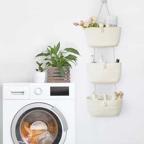 3 Tier Hanging Baskets for Storage with Pearl Button Strap (White / 3 tier+Pearl Button)