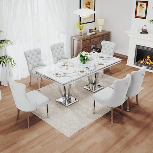 7 Piece Luxury Dining Room Set (Silver White + White / Dining Table + 6 Velvet Chair)