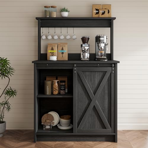 Farmhouse Coffee Bar Cabinet with Sliding Barn Door (31.5Inch / Grey)