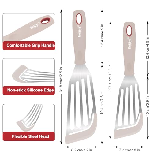 2 Piece Silicone Fish Spatula for Nonstick Cookware (Khaki)