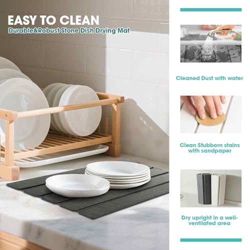 Dish Drying Mat Stone Bath Mat Diatomaceous Earth Stone Drying Mat For Kitchen Counter Sink Bath Mat Quick Dry Non Slip Foldable Dish Drying Rack Mat Small (16" x 12")