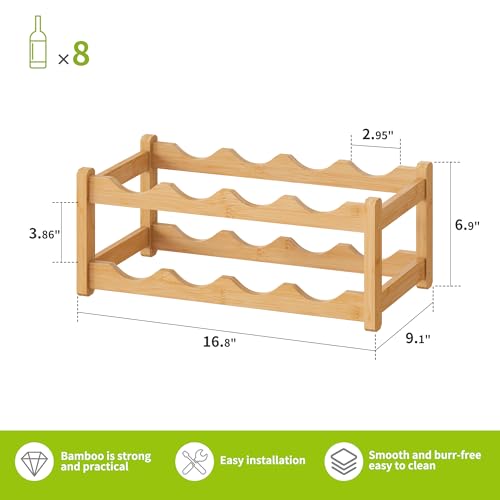 Bamboo Wine Rack Wine Storage Cabinet Shelf 8 Bottle Wine Racks Countertop Sturdy for Kitchen Dining Room Pantry (Natural / 2 Tier)