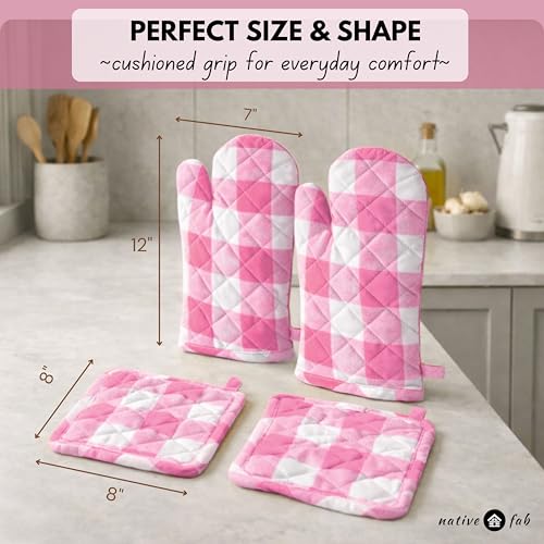 Buffalo Plaid Check Oven Mitts and Pot Holders Set of 4 (Buffalo, Rose Pink)