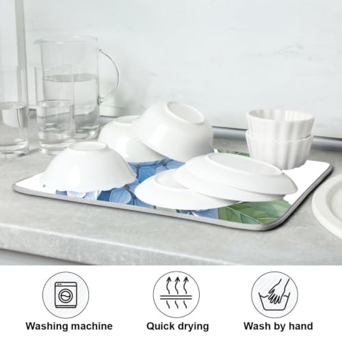 Blue Hydrangeas Flower Dish Drying Mat for Kitchen Counter Absorbent Microfiber Drying Pad (16" x 18")