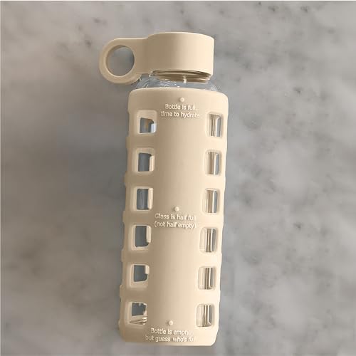 40oz / 32oz / 22oz / 12oz Borosilicate Glass Water Bottle with Time & Volume Markers, Silicone Sleeve, Stainless Steel Lid | Reusable Glass Bottle for Water & Juice (12oz Pearled Ivory) (Pearled Ivory (1 Count) / 12 Ounces)