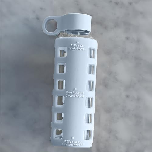 40oz / 32oz / 22oz / 12oz Borosilicate Glass Water Bottle with Time & Volume Markers, Silicone Sleeve, Stainless Steel Lid | Reusable Glass Bottle for Water & Juice (12oz Ice Blue) (Ice Blue (1 Count) / 12 Ounces)
