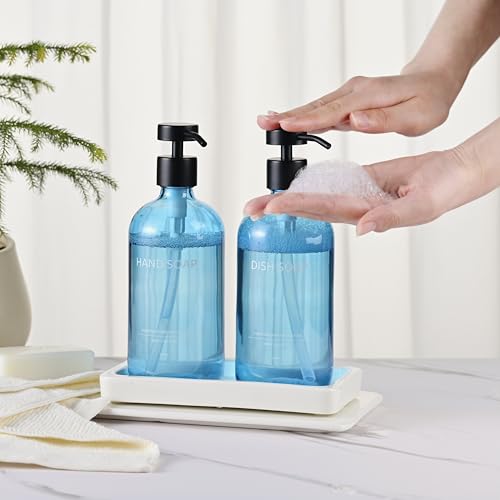 Glass Kitchen Soap Dispenser Set with Ceramic Tray (Blue Bottles + Black Pumps)