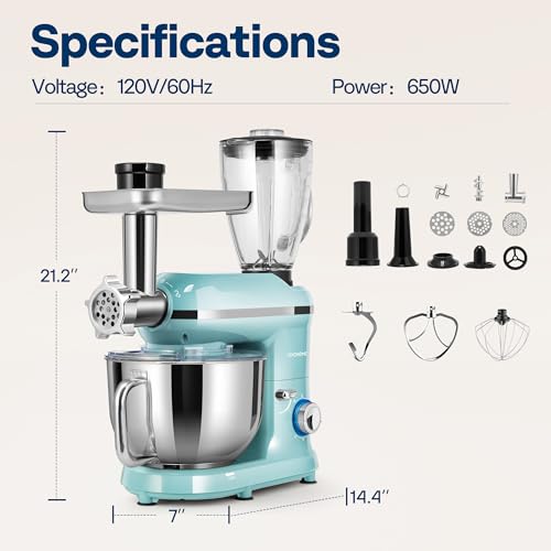 3-in-1 Stand Mixer, 6-Quart Tilt-Head Mixer, 10 Speeds, Blue (3-in-1 / Blue)