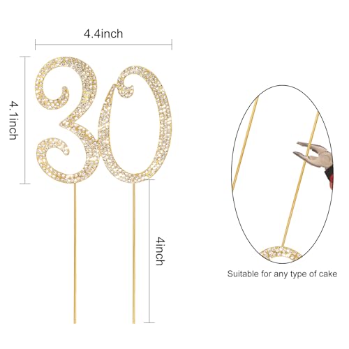 30th Birthday Decorations for Women Rhinestone Gold Cake Topper (30)