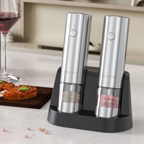 Electric Salt and Pepper Grinder Set Stainless Steel Spice Grinder Automatic Pepper Mills with Easy (Upgrade Silver)