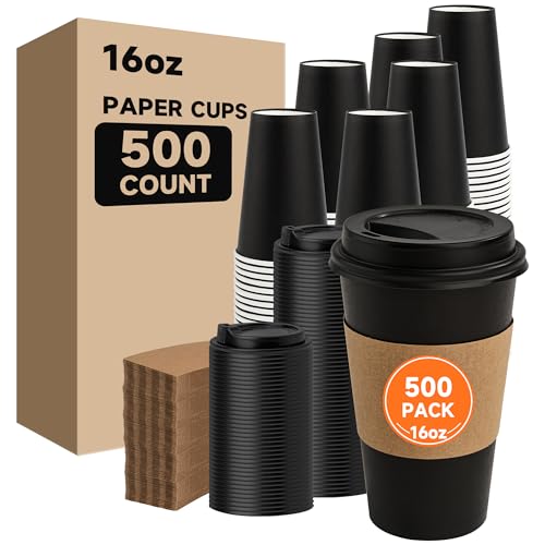 500 Pack 16 oz Disposable Coffee Cups with Lids and Sleeves (Black / 16 oz)