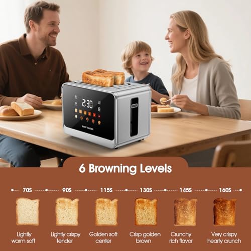 Toaster Touch Screen Toaster 2 Slice with LCD Display Stainless Steel Digital Timer Toasters 6 Bread Types& 6 Shade Settings Smart Extra Wide Slots Tostadora With Bagel Cancel (Clear)