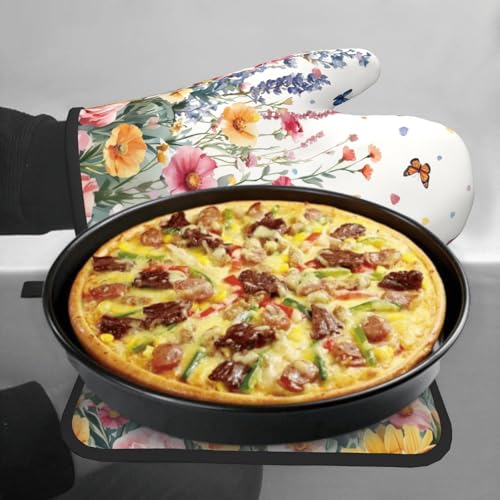 Spring Flower Oven Mitts and Pot Holder Kitchen Accessories Sets Botanical Floral Heat Resistant BBQ Cooking Oven Gloves Washable Hot Pads (Botanical Floral)