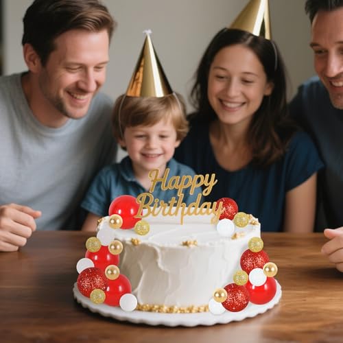 40 pcs Foam Ball Shaped Cake Toppers with Sticks Perfect for Birthday Party Baby Shower Christmas Party Decor Wedding Anniversary Chinese New Year (40-red Gold White)