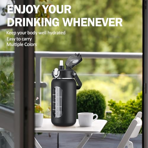 42oz Glass Water Bottles with Straw (Black / 42 Ounces)