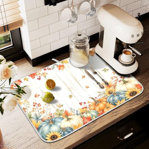 Thanksgiving Dish Drying Mat for Kitchen Counter Absorbent Microfiber Pumpkin Sunflower Fall Autumn Small Drying Pad Dish Mats for Kitchen Countertops 16 x 18 Inch (Thanksgiving Pumpkin / 18" x 16")
