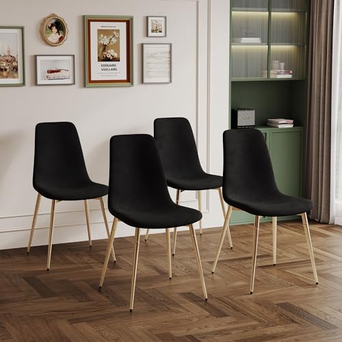 36" Square Glass Dining Table Set for 4 (Gold Square Table/Black Velvet Chairs / 5 Pieces)