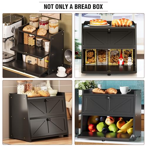 Vintage Double Layer Bread Box for Kitchen Counter Bamboo Bread Storage Container Large Capacity Bread Storage Bin (Black)