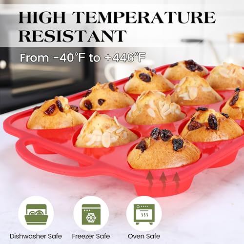 12 Cup Heart Shaped Silicone Muffin Pan for Baking with Metal Frame (Red / 12-Cup Heart)