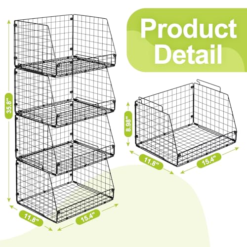 4 Pack XXL Stackable Wire Storage Basket (4 Pack-Wide 15.4"W x 11.8"D)