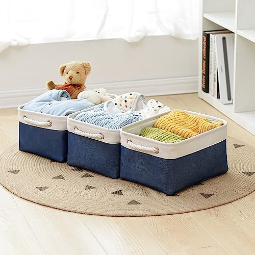 Storage Basket for Organizing (White & Blue / 3PCS/Medium -13.8Lx9.8Wx6.7H)