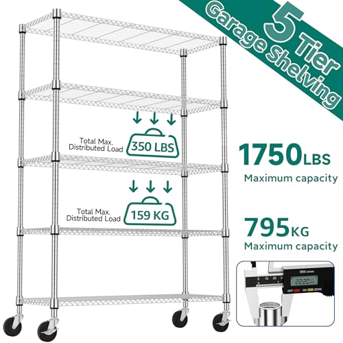 1750LBS 47.2" W 5 Tiers Storage Shelves Metal Shelving Unit with Wheels Heavy Duty Garage Shelving Adjustable Wire Shelves for Pantry (5 tier, 17.7" D x 47.2" W x 76.8" H / Chrome)