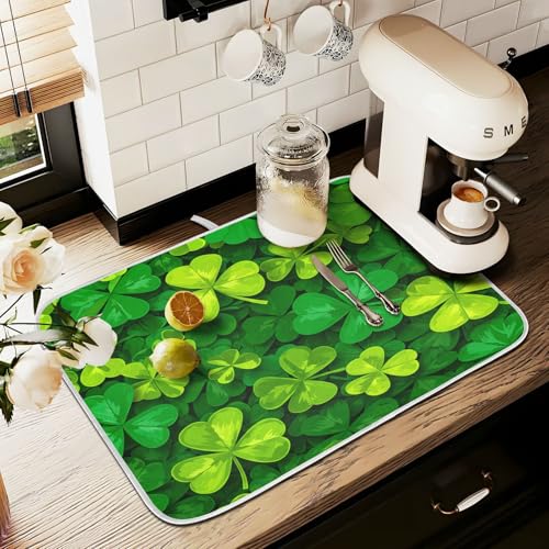 Patricks Day Shamrocks Lucky Clover Leaves Dish Drying Mat for Kitchen Counter Absorbent Microfiber Small Drying Pad Dish Mats for Kitchen Countertops 16 x 18 Inch (18" x 16")