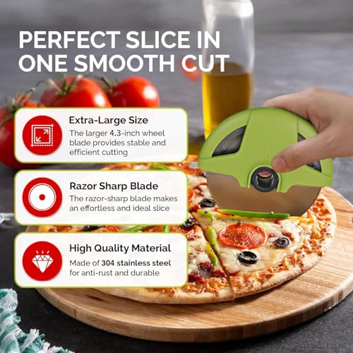 4.3" Palm Grip Pizza Cutter with Blade Cover for Thick Crusts (Green)