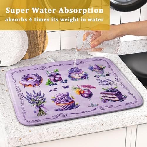 Purple Dish Drying Mats for Kitchen Counter Washable Drying Pad Absorbent Coffee Mat (Dreamy Dessert Purple / 18" x 16")