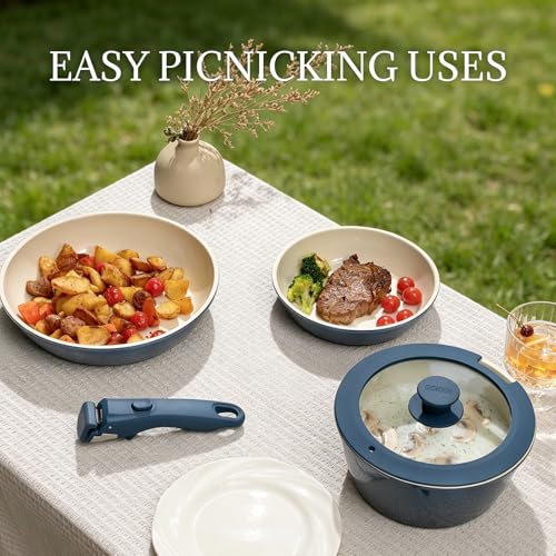 8Pcs Pots and Pans Set Nonstick Ceramic Cookware Set Removable Handle Induction Kitchen Cooking Set with Frying Pans and Sauce Pan (Blue)
