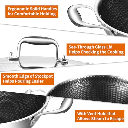12 Inch Stainless Steel Nonstick Wok Pan with Lid 5Qt Pot (12 Inch/Double Handle)
