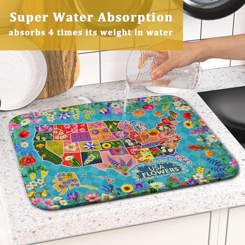 Flower Map Dish Drying Mat American Floral Decoration Coffee Mat for Kitchen Counter (Flower Map Green / 18" x 16")